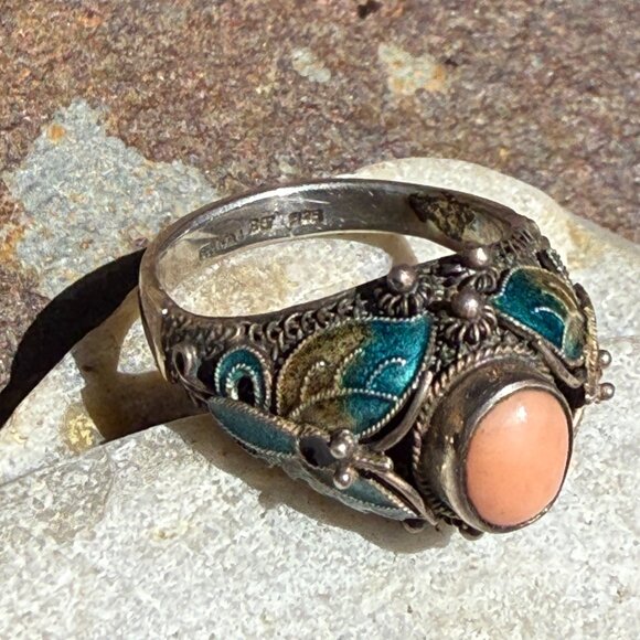 Vintage Sterling Silver Chinese Export Coral Cloisonné Ring 9 - Picture 4 of 10
